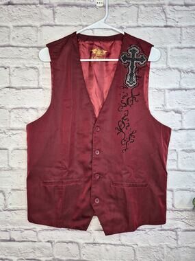 El General Mens Large Western Vest Burgundy Embroidered Cross Vaquero Charro L